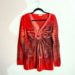 One World‎ Babydoll Top Peacock Print Boho Tunic Flowy Whimsical Medium